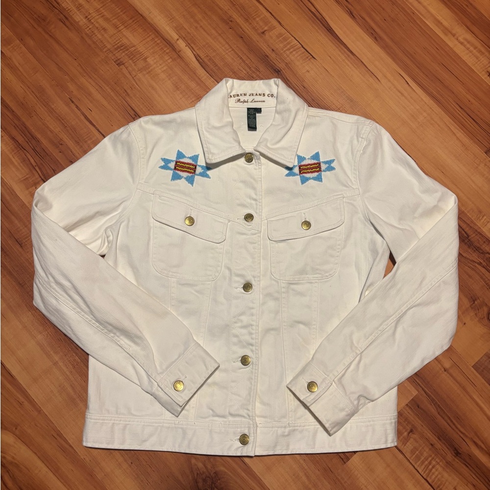 Ralph Lauren White Denim Jacket with Embroidered Accents